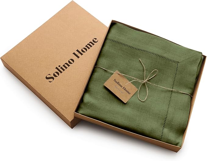 Solino Home Olive Linen Tablecloth 60 x 120 Inch - 100% Pure Linen Hemstitch Table Cloth for Rectangle Tables - Classic Hemstitch, Machine Washable Tablecloth for Fall, Autumn, Thanksgiving
