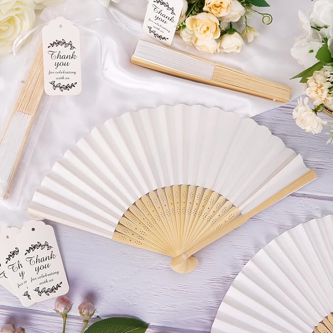 50Set Wedding Hand Fans Party Favors White Paper Folding Handheld Fans Bulk, DIY Bamboo Fans with Thank Tag Organza Bag for Guests Bridal Dancing Props Church Decoation