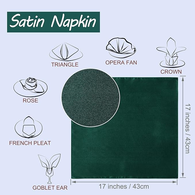 Horbaunal 16 Pack Forest Green Satin Napkins 17 x 17 Inch, Square Soft Table Dinner Napkins, Silky Cloth Napkins Table Decoration for Weddings Banquets Parties