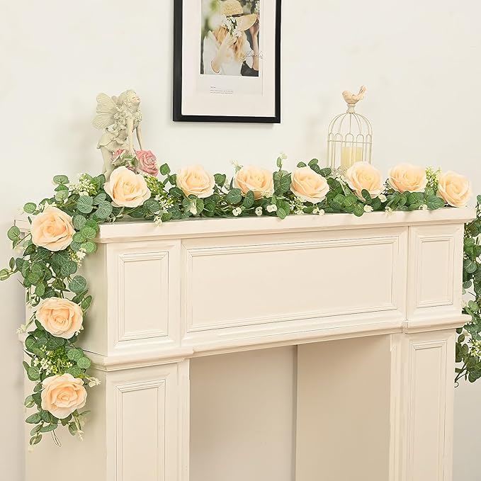 Dolicer 4Pcs 26Ft Artificial Eucalyptus Garlands with Flowers - 8 Roses, Faux Floral Greenery Garlands Fake Flowers Vines for Wedding Table Centerpieces Arch Party Ceremony Backdrop Decor (Champagne)