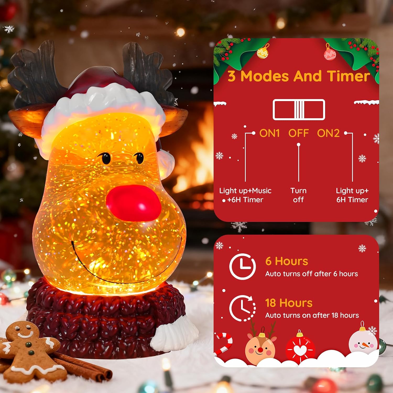 Christmas Snow Globe Reindeer Lighted Musical Glitter Globe Battery Operated or USB Powered with Timer Water Glittering Snowing Globe for Christmas Party Home Table Decorations Gifts (Reindeer)
