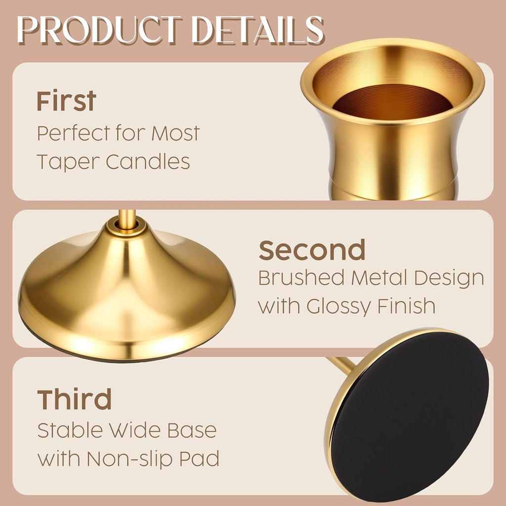 24PCS Brass Gold Taper Candle Holders Set, Vintage Metal Candlestick Holders for Table Centerpiece, Wedding Reception, Festive Christmas Mantel Decoration Gold