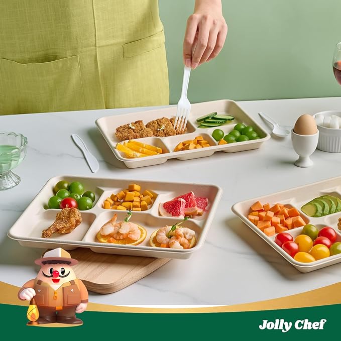 JOLLY CHEF Compostable 𝟱 Compartment 𝟭𝟭 * 𝟴 𝗶𝗻𝗰𝗵 Paper Plates [𝟭𝟬𝟬 𝗣𝗮𝗰𝗸] Heavy Duty Small Natural Divided Eco-Friendly Biodegradable Containers Food Trays for Dinner Lunch Buffet
