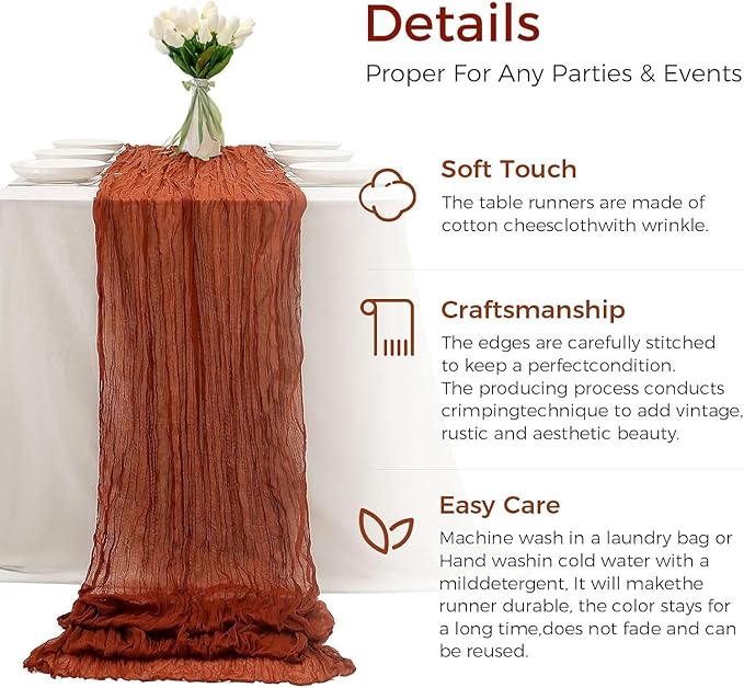 6Pcs Terracotta Cheesecloth Table Runner 120 Inch10FT Terracotta Color Rustic Boho Cheesecloth Table Runnerfor Wedding Party Baby Shower Birthday Home Decor Holiday Decorations