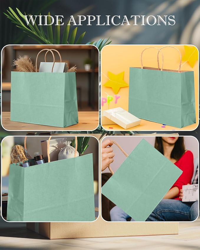 qiqee 100PCS Large Gift Bag with Handles Bulk 13"x4.5"x10" Gift Bags Kraft Light Blue Multiple Uses (32x11x25cm,Wide Large)