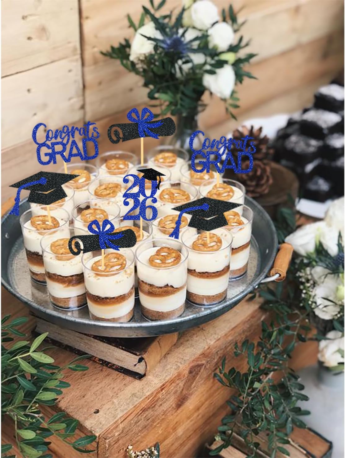 24Pcs Graduation Cupcake Toppers, Black and Blue Graduation Decorations Class of 2026 Cupcake Toppers (Black Blue)