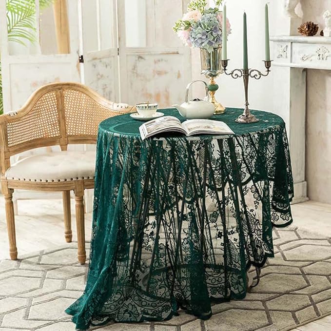 Vintage 60 inch Green Lace Tablecloth Floral Embroidered Boho Shabby Chic Small Table Cover for Wedding Halloween Party Dinning Holiday, 1 Piece
