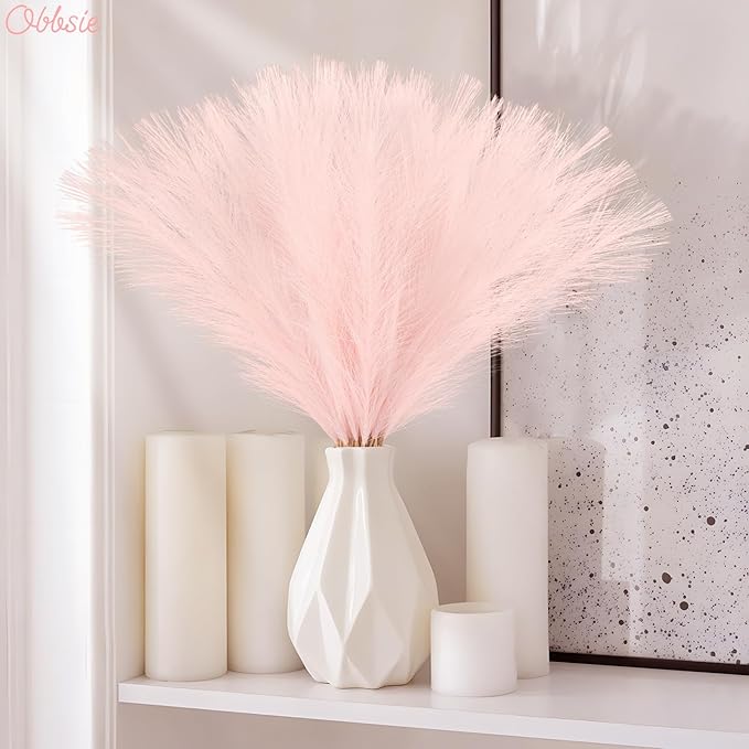 50pcs Pink Faux Pampas Grass Decor, 21.6" Short Artificial Pompous Grass Floral Fake Pompas Grass Branches Vase Filler Flower Arrangement for Home Wedding Boho Decor