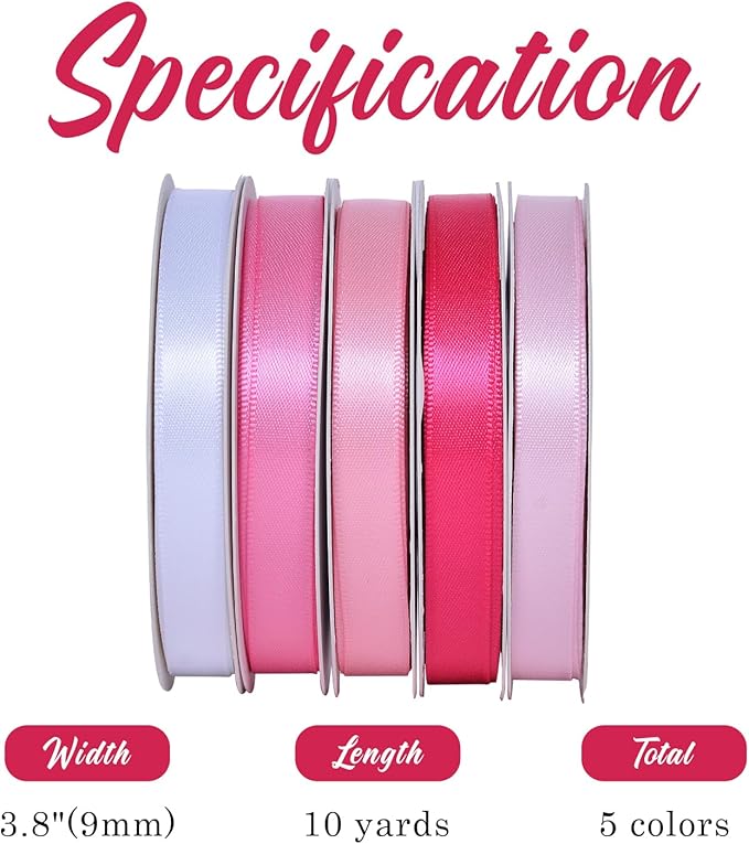 Ribest Pink Double Faced Satin Ribbon Set, 3/8 Inch White, Light Pink, Pink, Hot Pink, Fuchsia Ribbons for Valentine's Day Gift Wrapping Crafts Wedding Baby Shower, 5 Rolls × 10 Yards Total 50 Yards