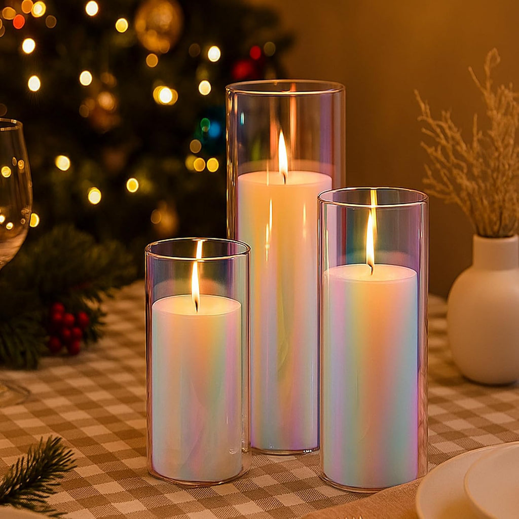 Shihanee Set of 6 Pillar Candles and Glass Cylinder Vases Clear Cylinder CandleHolders for Slim Tall Pillar Candles Wedding Centerpieces (2.8'' X 4.7", 5.9", 7.9",Iridescent)