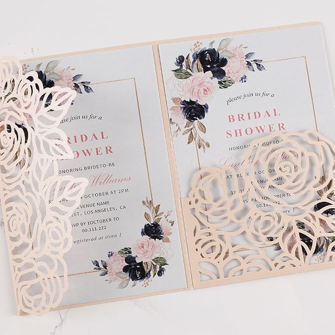 50pcs Tri-Fold Laser Cut Invitation with Envelope Blank Inner Sheets RSVP Cards Personalized Wedding Invitations for Bridal Shower QuinceañEra Engagement Birthday Invites 5X7 Inch Blush Pink