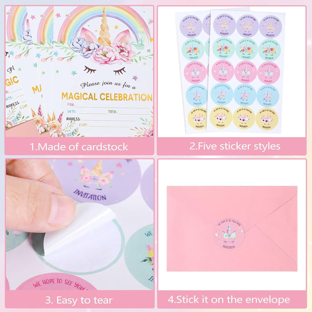 Spakon 24 Pack Unicorn Birthday Invitation for Girls Boys Party Invitation Card 24 Envelope 30 Rainbow Sticker Labels for Birthday Baby Shower Party Supplies