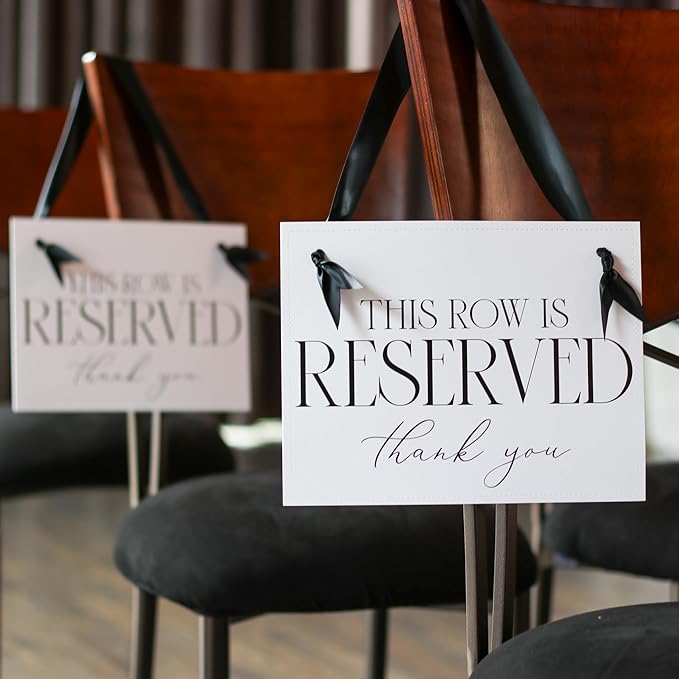 Ritzy Rose Set of 2 Reserved Row Sign for Wedding Ceremony Chairs or Events - Thick Paper Banner for Seating - White Linen Cardstock with Black Font and Black Satin Ribbon - 11x8.5 inches