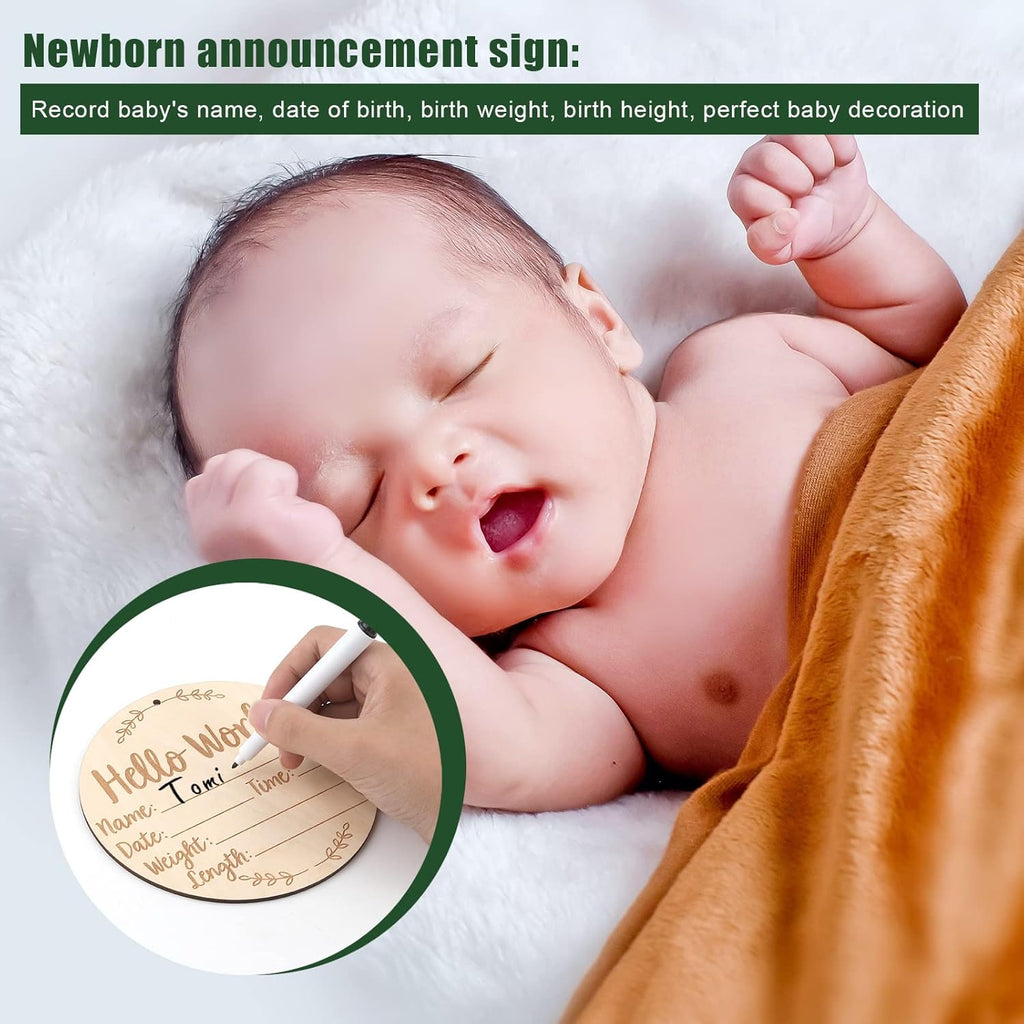 Baby Announcement Sign, 5.9 Inch Round Birth Nursery Name Signs with Ink Pad for Baby Hand and Footprints Wooden Hello World Newborn Sign for Photo Prop