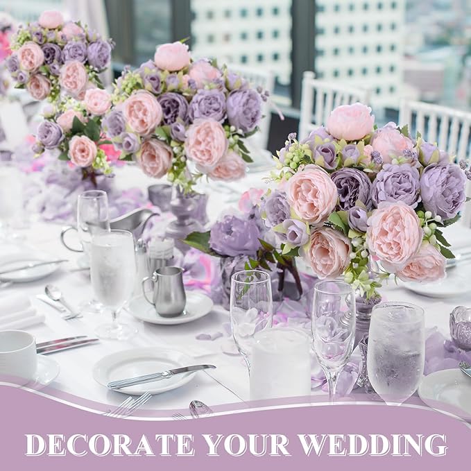 8 Bundles Artificial Peonies Flowers Boho Faux Flowers Arrangements Artificial Centerpiece Spring Bouquet Floral Wedding Decoration for Vase(Pink, Purple)