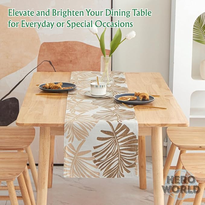 Monstera Leaf Table Runner – Elegant Fabric Table Centerpiece, Machine Washable, Gold or Green, 71"/83"/94" Length, 13" Width (Gold/83)