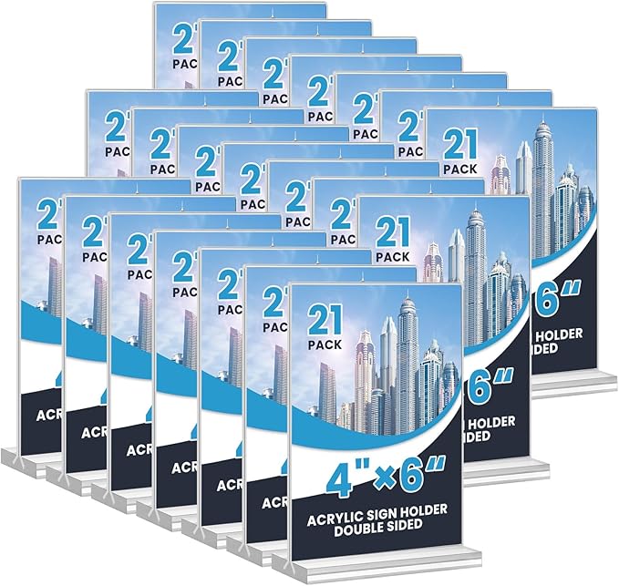 Acrylic Sign Holder 4x6, 21 Pack Clear Table Menu Vertical Double Sided Display, Plastic Menu Stand Paper Holder Suitable for Restaurants Office Store Show Fair