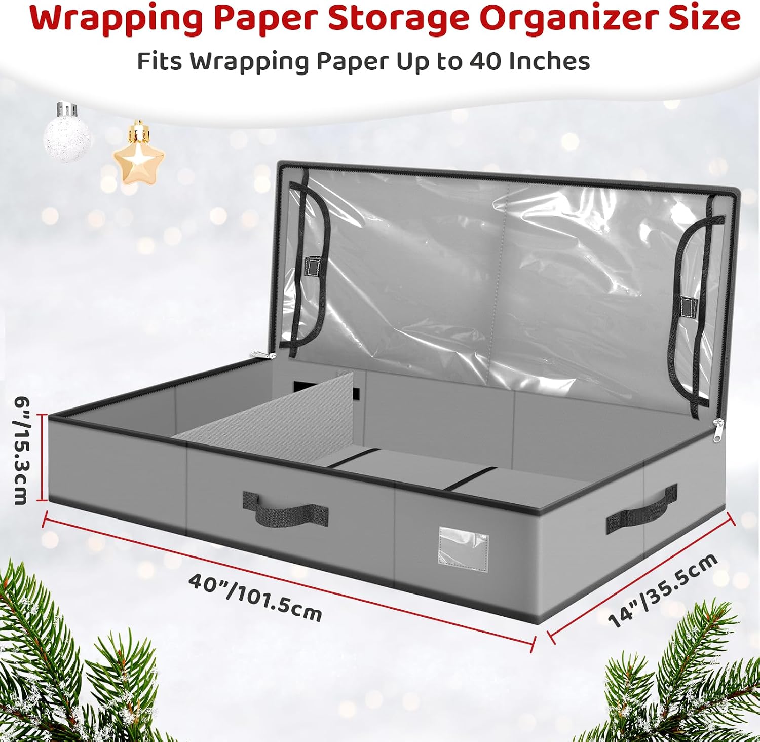 BlessedSeason Wrapping Paper Storage Organizer for 40 Inch Christmas Gifts Wrapping Paper, 2 Visible Supplies Pockets for Holiday Accessories, Christmas Decoration Storage Containers, Grey