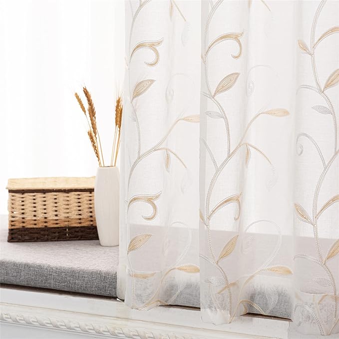 VISIONTEX White Sheer Voile Curtains, Decorative Beige Leaves Embroidery Faux Linen Rod Pocket Window Drapes for Home Kitchen, Living Room and Bedroom 54 x 72 Inch, Set of 2 Curtain Panels