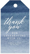 Andaz Press 100-Pack Personalized Thank You for Celebrating with Us Wedding Favor Tags with Bakers Twine Navy Blue Ombre Watercolor Custom Cardstock Wedding Gift Tags for Party Favors 2 x 3.75-Inches