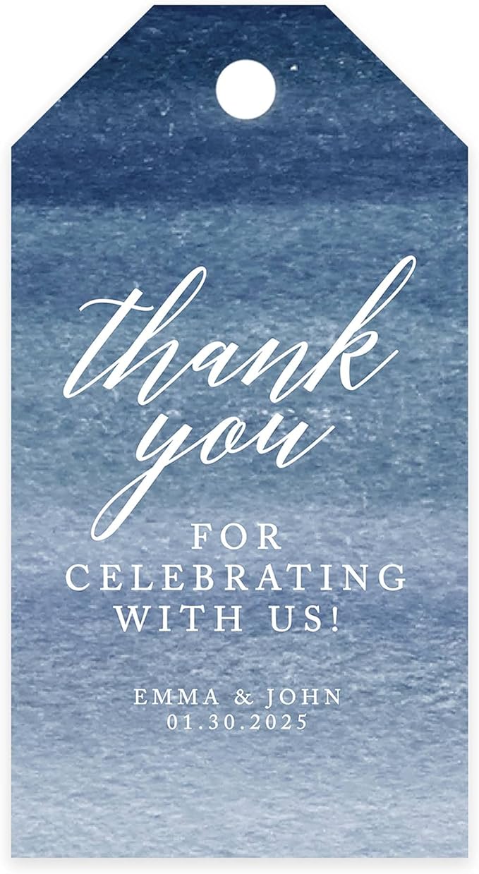 Andaz Press 100-Pack Personalized Thank You for Celebrating with Us Wedding Favor Tags with Bakers Twine Navy Blue Ombre Watercolor Custom Cardstock Wedding Gift Tags for Party Favors 2 x 3.75-Inches