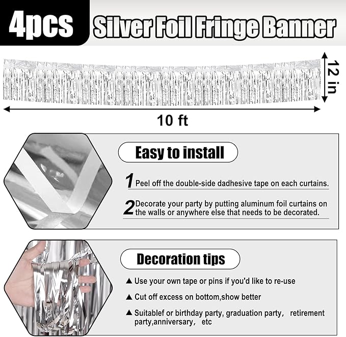 4 Pack 10 Feet Silver Foil Fringe Garland Metallic Tinsel Streamers Banner Wall Hanging Curtain Backdrop for Parade Floats, Wedding, Graduate, Mother's Day, Birthday Party Decoration
