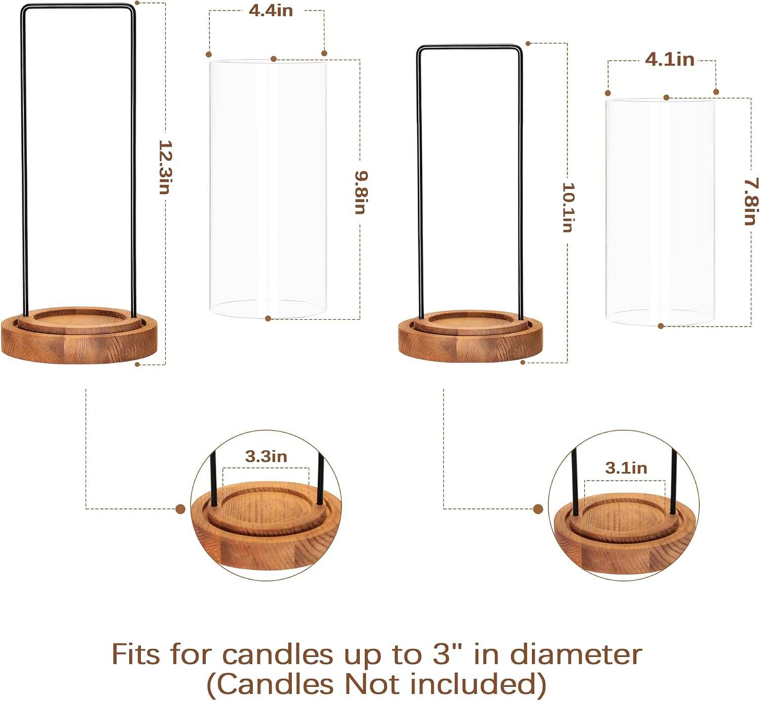Houmury Set of 2 Hurricane Candle Holders Lantern 12” & 10”with Wood Base Metal Handle Glass Cylinder Modern Farmhouse Decor for Home Decoration, Table Centerpieces (Warm Amber Brown)