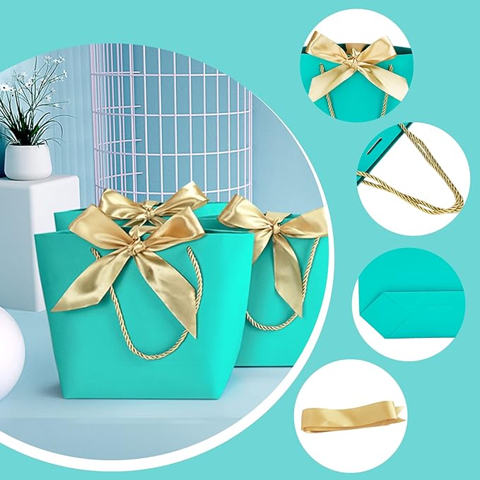 HUAPRINT Gift Bags with Handles,7.48×3.54×7.9 inches,Party Favor Bags with Bow Ribbon,12Pcs Teal Blue Paper Bags for Birthday Wedding Bridesmaid Holiday