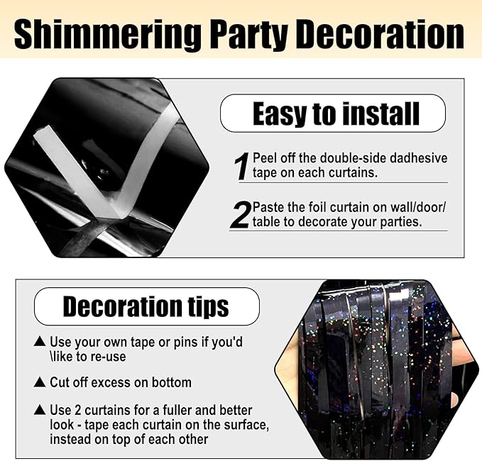 6 Pack Black Foil Fringe Curtain Backdrop, 3.28Ft x 8.2Ft Metallic Tinsel Foil Fringe Streamer Curtains for Photo Booth, Birthday, Wedding, New Year Party Decorations