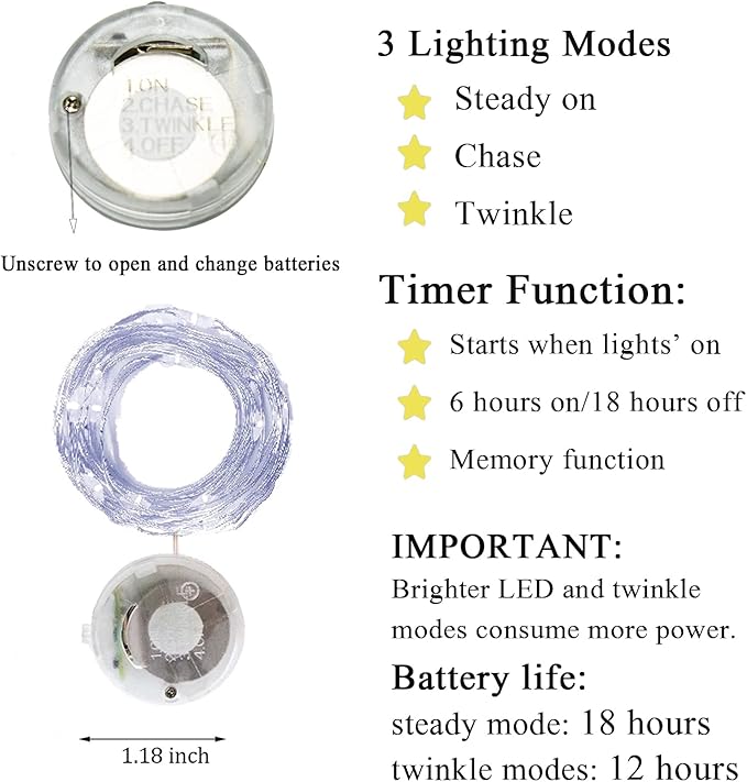 Twinkle Fairy Lights Battery Powered 3 Modes with Timer Firefly Lights 20 LED on 7.2feet Silvery Copper Wire for DIY Wedding Party Christmas Halloween Centerpiece Decorations 15 Pack (Cool White)