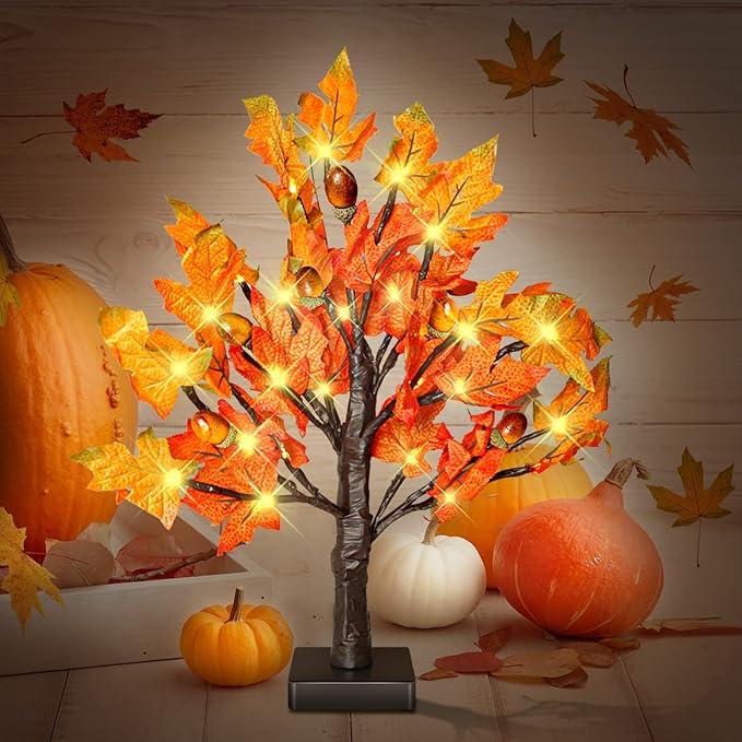 2 Pack 18 Inch Prelit Fall Maple Tree with 36 LED Lights, 6 Acorns, 1.5ft Tabletop Autumn Artificial Tree, Fall Centerpieces for Thanksgiving Decoration, Christmas Halloween Harvest Home Decor