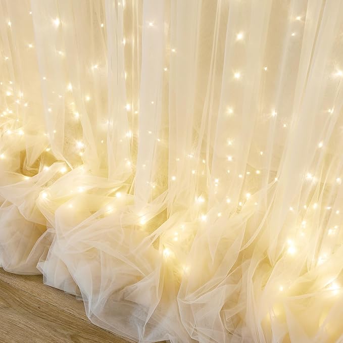 10ft x 10ft Champagne Tulle Backdrop Curtain with Lights String for Parties Wedding Bridal Shower Sheer Champagne Curtain Backdrop for Birthday Party Baby Shower Photo Booth Decorations