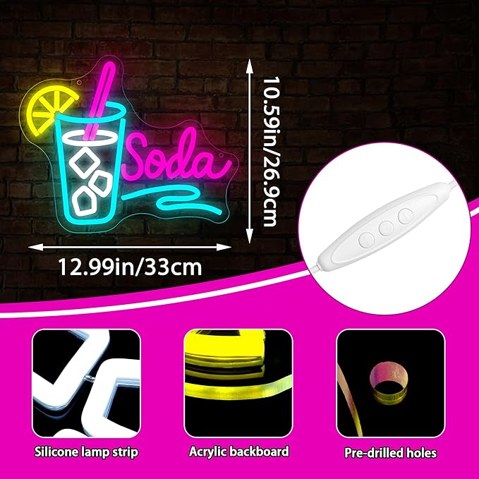 Soda Neon Sign for Wall Decor Dimmable Soda Pop Neon Light for Man Cave LED Light Up Water Sign for Store Bar Beer Club Party Kitchen Restaurant Christmas Birthday Gift Art Size 12.9 * 10.5In(WZCP290)