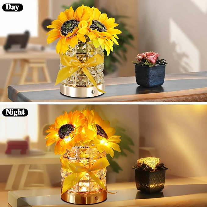 Birthday Gifts for Women/Mom Sunflower Cordless Table Lamp,3 Color Crystal Lamps Touch Bedside Lamps Infinitely Dimming with USB Charge Small Night Light,Nightstand Lamp for Bedroom (Round)