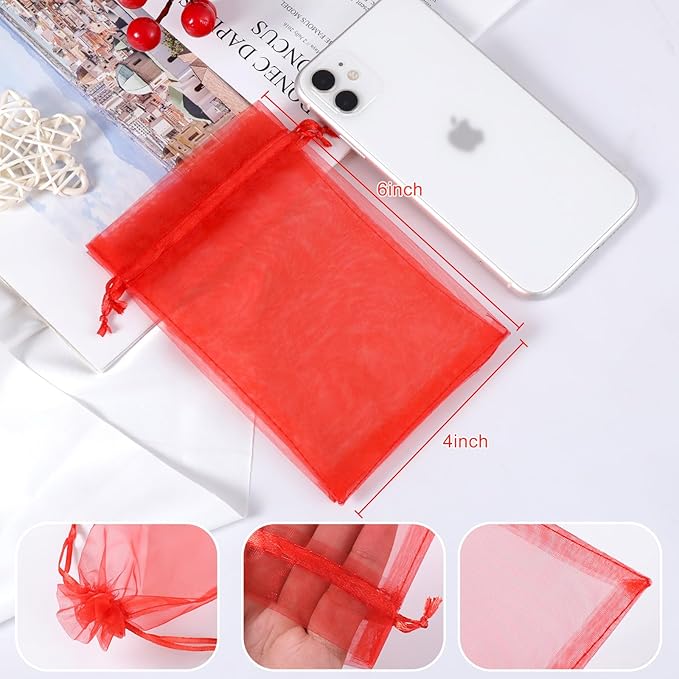 Hopttreely 50pcs Organza Gift Bags, Red Jewelry Gift Bags, 4x6inch Wedding Favor Bags with Drawstring, Small Mesh Gift Pouches Mini Candy Bags for Valentienes Party