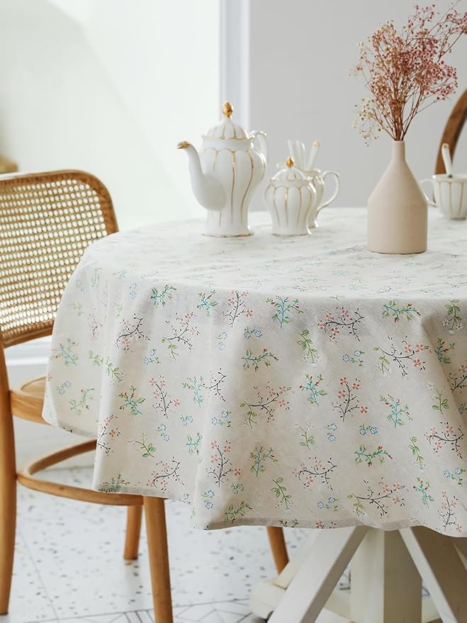 YiHomer Pastoral Round Tablecloth - 60 Inch Dia. - Beige Linen Table Cloth - Washable Table Cover with Dust-Proof Wrinkle Resistant for Restaurant, Picnic, Bistro, Indoor and Outdoor Dining, Gardenia