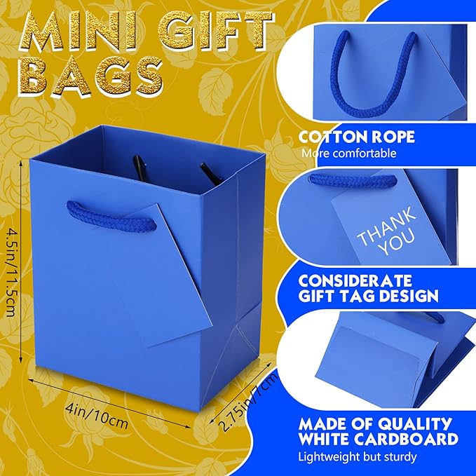 Sherr 100 Pack Mini Gift Bags Bulk, 4 x 2.75 x 4.5 Inches Paper Bags with Tags, Extra Small Paper Gift Boxes with Handles for Birthday, Party Favors, Weddings, Small Business(Blue)