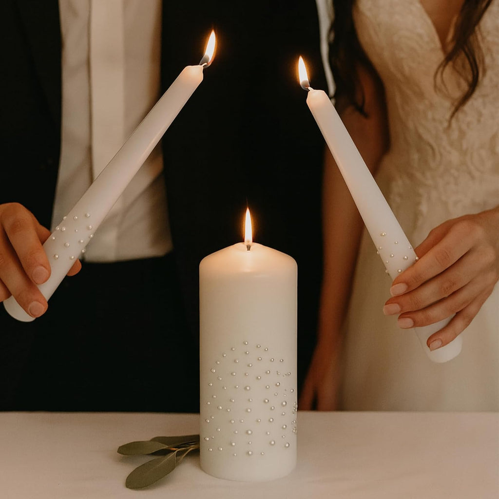 Unity Candle Set - Wedding Ceremony & Reception – 6” Pillar & Two 10” Taper Candles – Long Burning Unity Candles for Marriage Ritual – Handmade in USA – White| Pearls