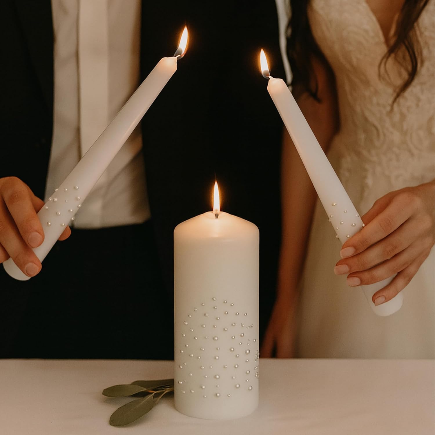 Unity Candle Set - Wedding Ceremony & Reception – 6” Pillar & Two 10” Taper Candles – Long Burning Unity Candles for Marriage Ritual – Handmade in USA – White| Pearls