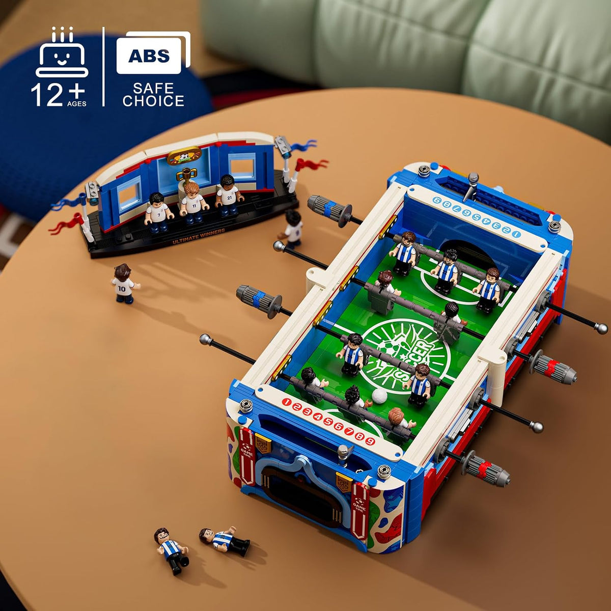 soccer mini foosball table game building block set, front angle view