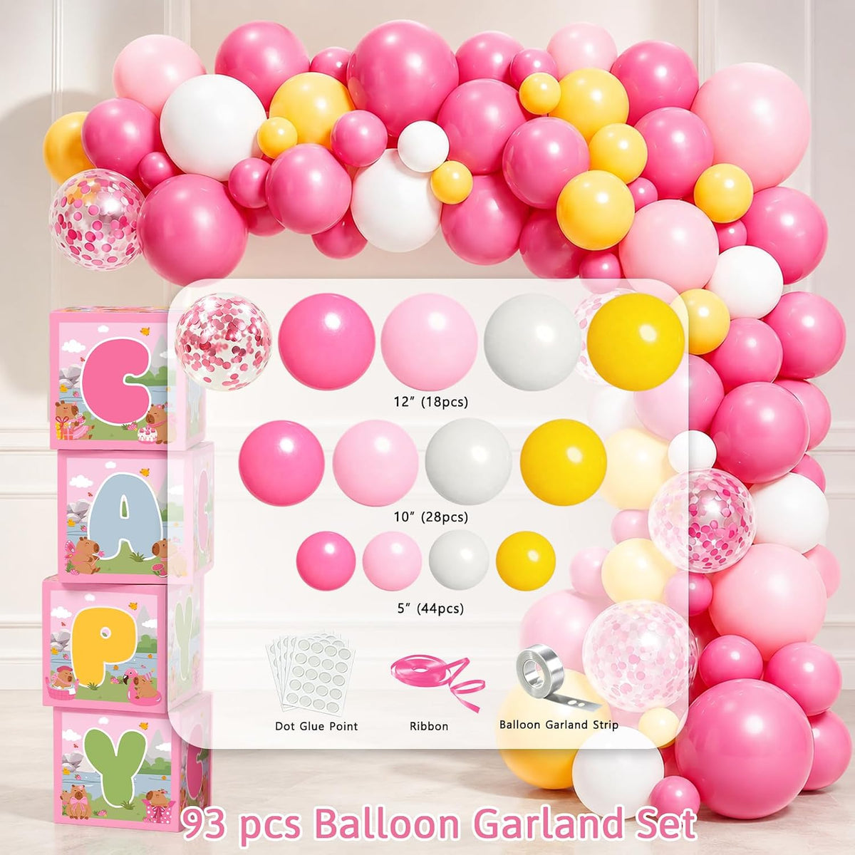 pink capybara birthday party decorations balloon arch set showing dimensions