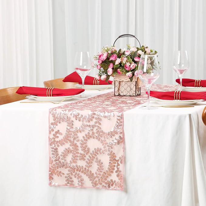 Sequin Table Runners 2 Pieces Rose Gold Flower Table Runners 12x72 Inch Glitter Dining Table Cover for Party Wedding Birthday Reception Banquet Decoration Spring Party Chair Sashes