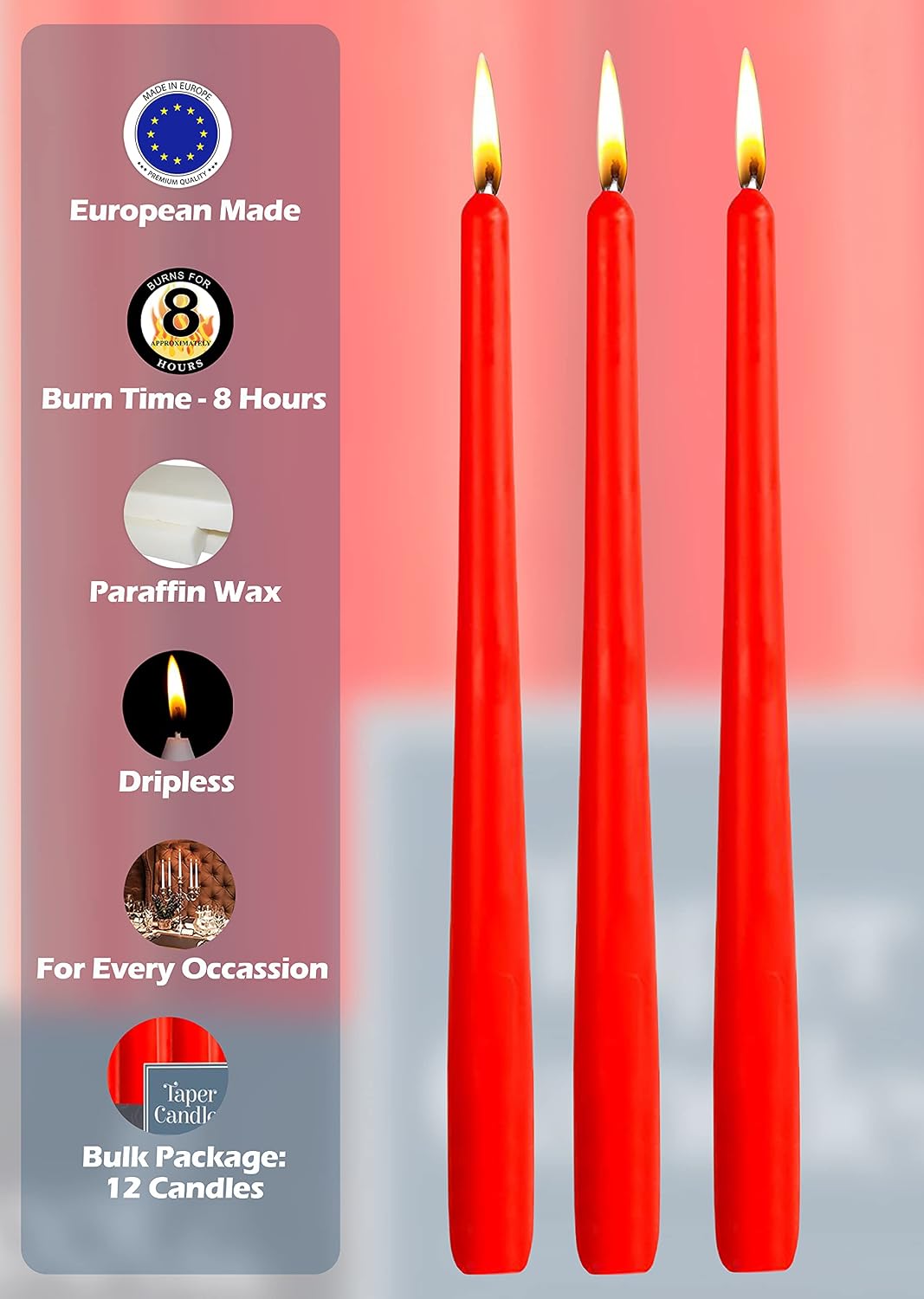 Hyoola 12 Pack Tall Red Taper Candles - 10 Inch Red Dripless, Unscented Dinner Candle - Paraffin Wax with Cotton Wicks - 8 Hour Burn Time