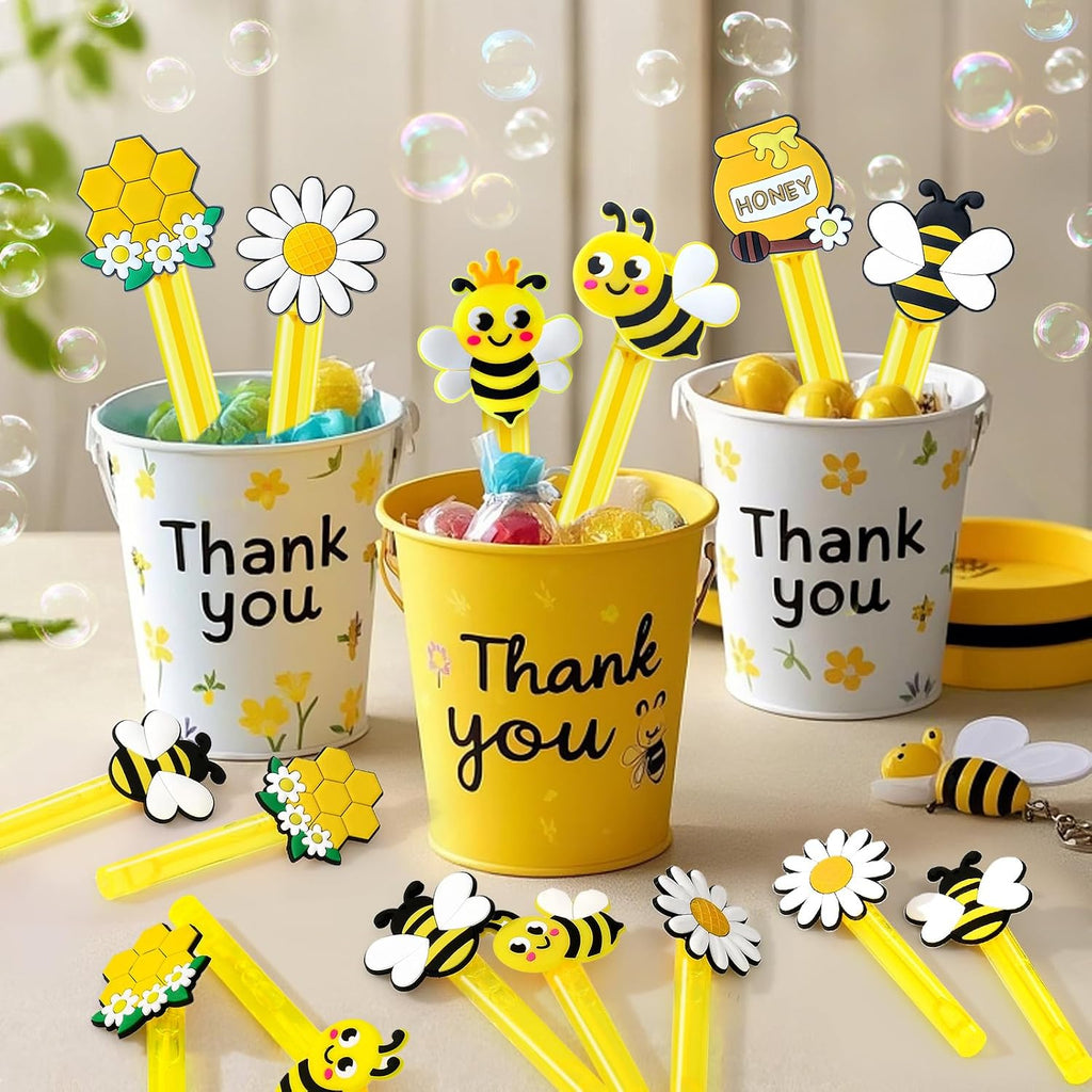 Winrayk Bee Party Favors, 24Pcs Bee Themed Mini Bubble Wands for Kids Bubbles Bulk with Detachable Topper (6 Styles & Colors), Birthday Gift Easter Goody Bag Stuffer Classroom Prizes Honey Party Favor
