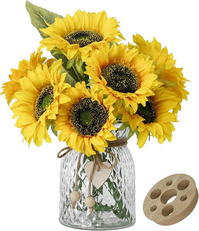 Artificial Sunflowers Flowers with Vase,Fake Flowers Bouquet for Sunflower Decor,Sunflower Kitchen Decor,Silk Flowers for Home Decor Living Room,Flower Centerpieces for Tables,Office Decor,Boho Decor