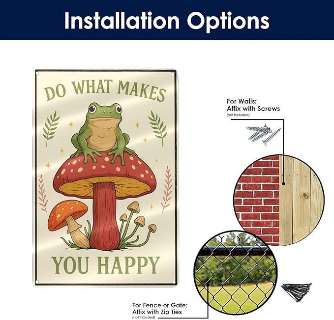Funny Frog on Mushroom Metal Sign - Cute Cottagecore Forest Wall Decor for Bathroom, Kitchen, Bedroom or Patio - Whimsical 12" x 8" Tin Sign