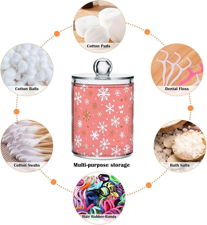 Gredecor 2 Pack Qtip Holder Clear Christmas Golden Pink Snowflakes Apothecary Jars with Lids Acrylic Christmas Winter Bathroom Jars Vanity Canister Storage Organizer for Cotton Ball,Swabs,Pads,Floss