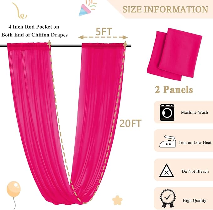 MODFUNS Wedding Ceiling Drapes Hot Pink Ceiling Drapery 5x20ft 2 Panels Sheer Arch Drapery Chiffon Curtain Drapes Tulle Ceiling Fabric Draping Fabric Party Stage Prom Ceremony Decor