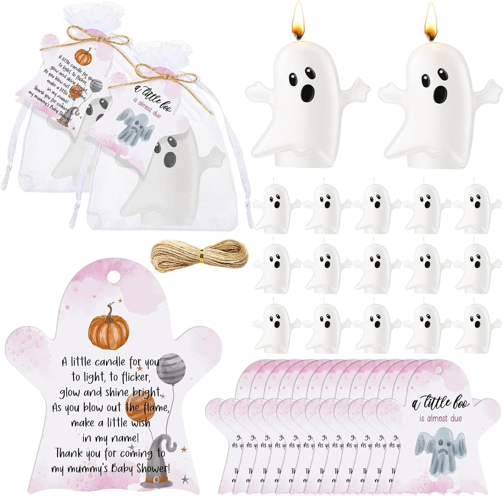 MTLEE 50 Sets Halloween a Little Boo is Almost Du Baby Shower Favors Cute Ghost Candles Unscented with Mini Ghost Thank You Cards Bags for Halloween Boo Gender Reveal Party Supplies (Pink)