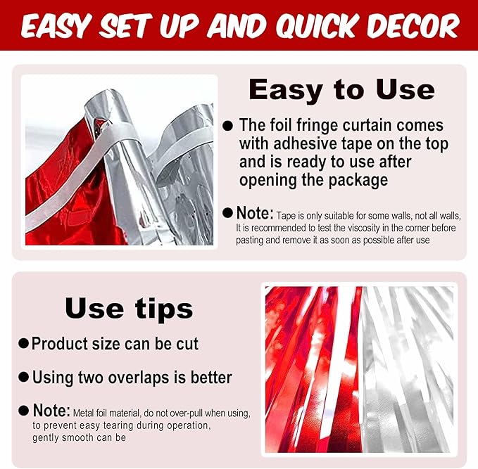 6 Pack Red and Silver Foil Fringe Curtains Backdrop, 3.28 x 8.2 Ft Metallic Streamers Tinsel Curtains Background for Photo Booth, Birthday, Weddings, Carnivals, Graduation, Themed Party Decorations